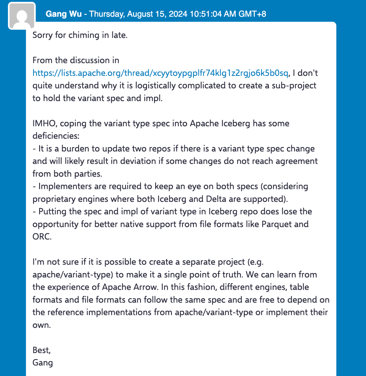 我在邮件列表上提出异议，是 Variant 标准最终落户 Parquet 社区的转折点