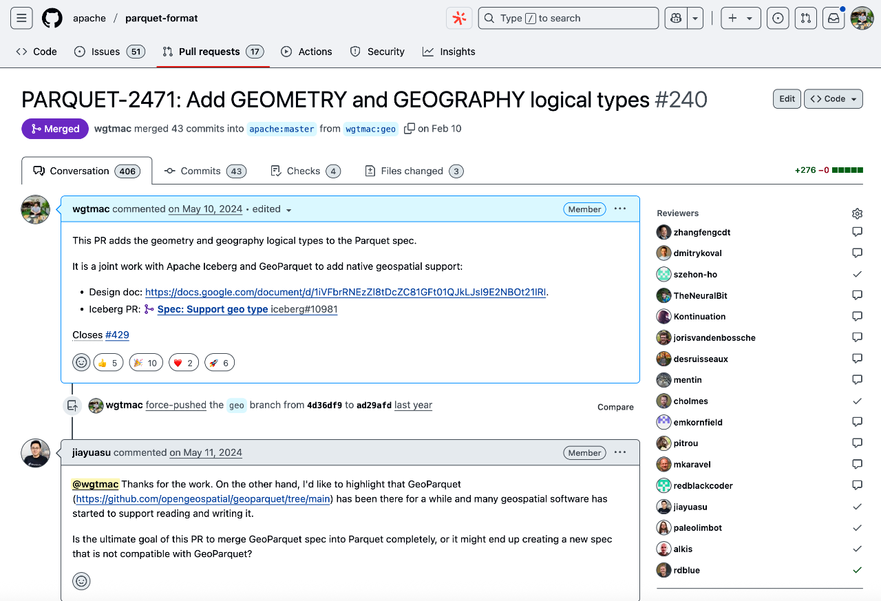 我在 Parquet 标准中加入地理空间类型的 PR，经过多轮讨论和修改，历时九个月终于被合并