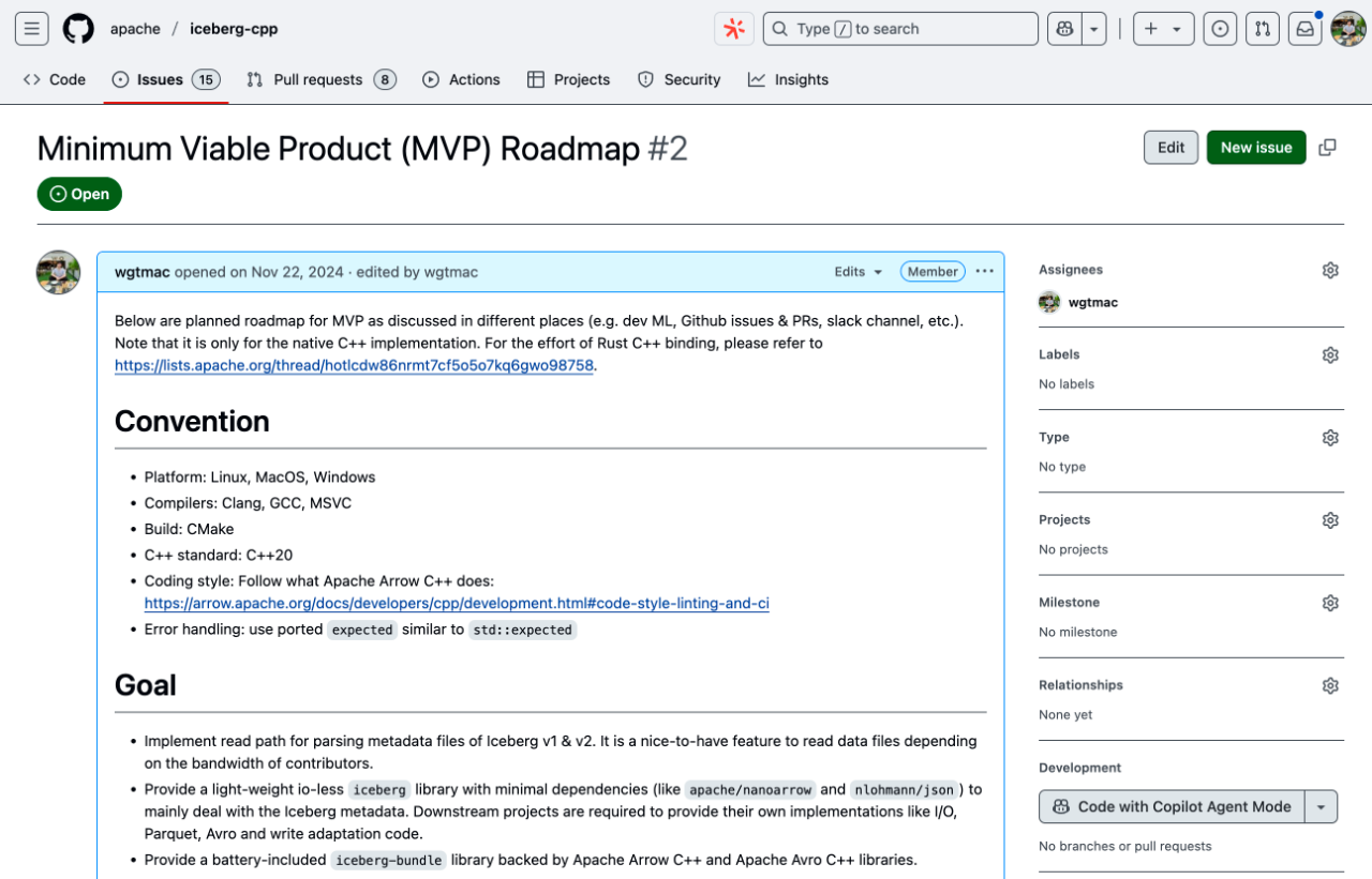iceberg-cpp 关于 MVP 的 Github Issue
